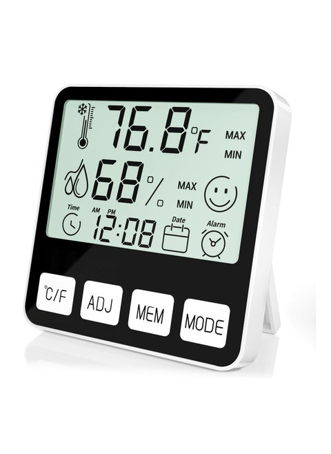 Digital Thermometer Hygrometer, Indoor Humidity Meter Room Temperature Sensor with Alarm Clock Date, Hydrometer for Humidity Monitor Gauge for Home, Baby Room, Office, Greenhouse