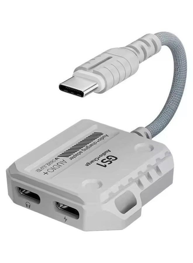بليكستون محول شحن سريع 2 في 1 من GS1 من نوع C PD USB-C إلى منفذين من نوع C مزدوجين، كابل من نوع C إلى كابل صوتي، محول شحن سريع عالي الدقة بقدرة 60 واط، أبيض - Image 1