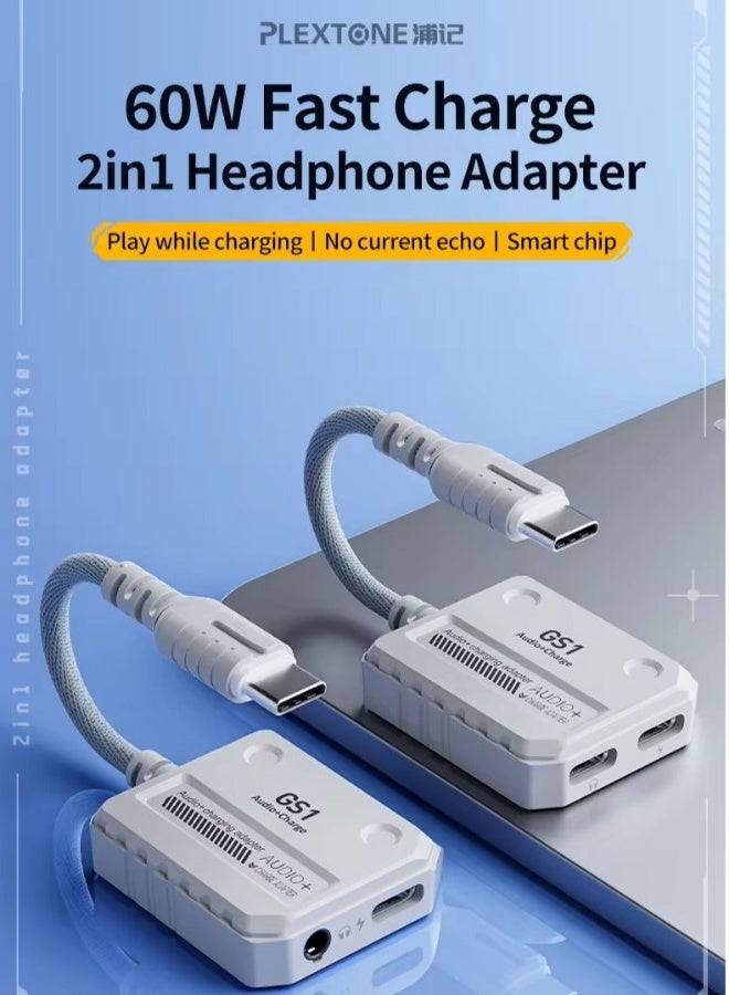 بليكستون محول شحن سريع 2 في 1 من GS1 من نوع C PD USB-C إلى منفذين من نوع C مزدوجين، كابل من نوع C إلى كابل صوتي، محول شحن سريع عالي الدقة بقدرة 60 واط، أبيض - Image 5
