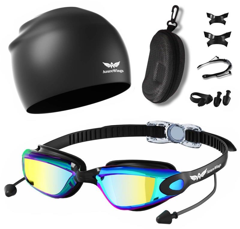 AzureWings 7 in 1 Swim Goggles + Swim Cap for Men Women Kit, Swimming Goggles With Ear Plugs, No Leak Anti-Fog & UV, HD Wide Vision PC Lens - Image 1