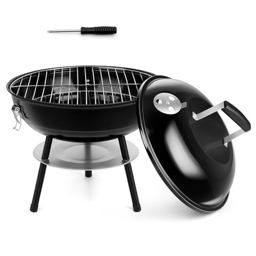HaSteeL 14 Inch Charcoal Grill Small Black Enamel Outdoor BBQ Grill Mini Flat Top Kettle Barbecue Grill with Screwdriver Portable for Backyard Garden Camping Cooking Smoking Dual Venting System - Image 1