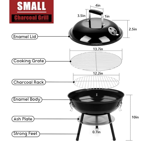 HaSteeL 14 Inch Charcoal Grill Small Black Enamel Outdoor BBQ Grill Mini Flat Top Kettle Barbecue Grill with Screwdriver Portable for Backyard Garden Camping Cooking Smoking Dual Venting System - Image 3