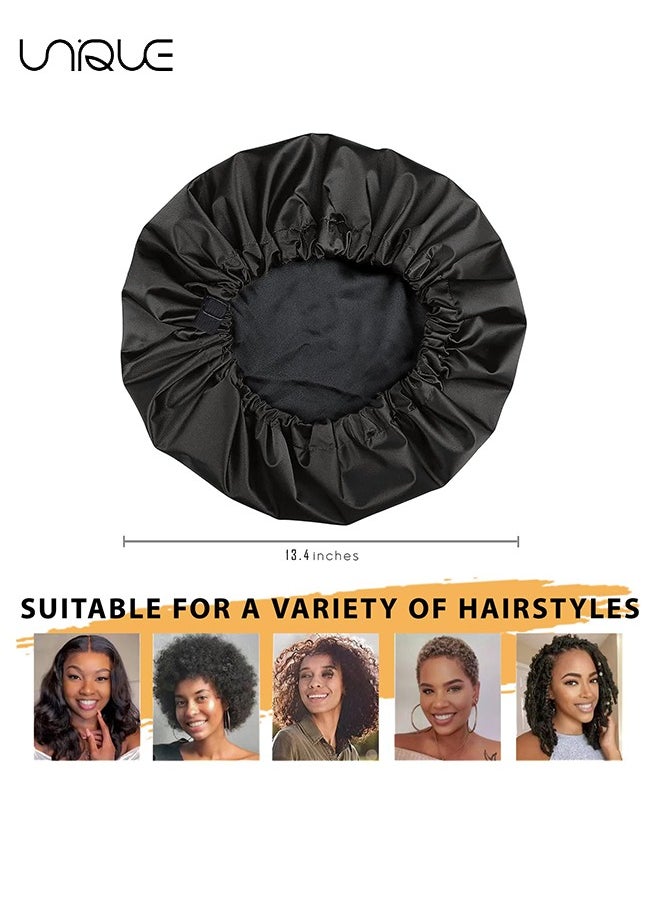 Unique - Shower Cap for Women & Black Bath Cap,Satin Lined Shower Caps,Reusable-Double Layer,Waterproof and Adjustable,Extra Large Shower Bonnet Elastic Band, Long Hair, Braids - Black - Image 1