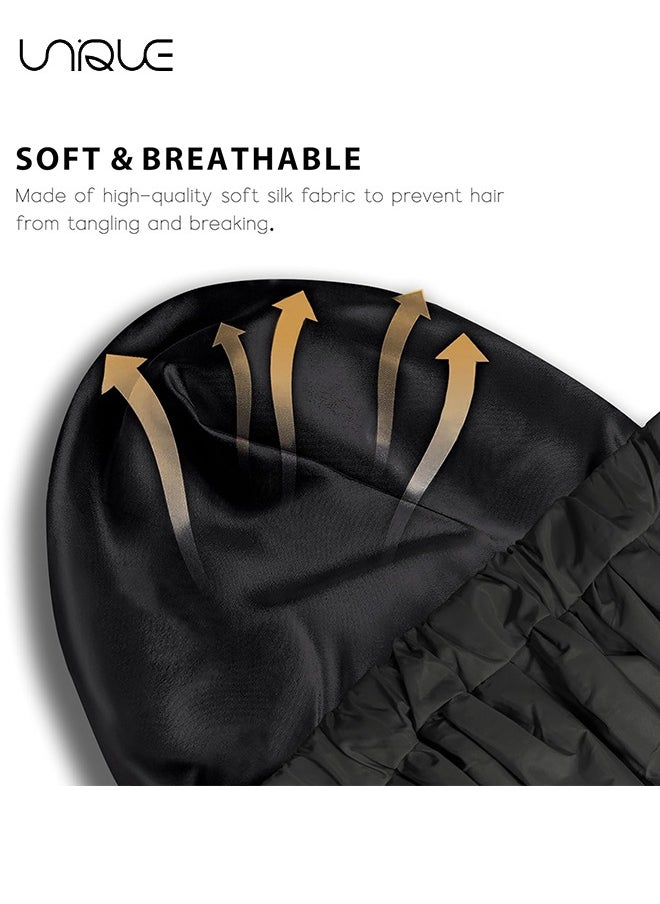 Unique - Shower Cap for Women & Black Bath Cap,Satin Lined Shower Caps,Reusable-Double Layer,Waterproof and Adjustable,Extra Large Shower Bonnet Elastic Band, Long Hair, Braids - Black - Image 1