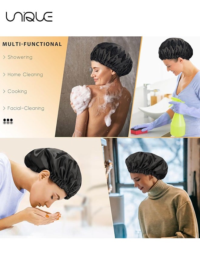 Unique - Shower Cap for Women & Black Bath Cap,Satin Lined Shower Caps,Reusable-Double Layer,Waterproof and Adjustable,Extra Large Shower Bonnet Elastic Band, Long Hair, Braids - Black - Image 1