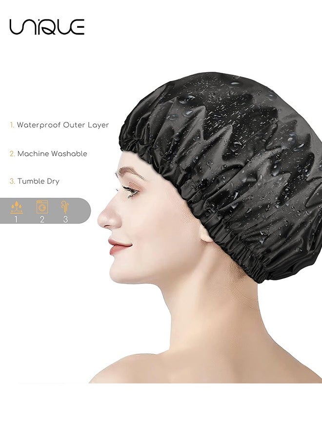 Unique - Shower Cap for Women & Black Bath Cap,Satin Lined Shower Caps,Reusable-Double Layer,Waterproof and Adjustable,Extra Large Shower Bonnet Elastic Band, Long Hair, Braids - Black - Image 1