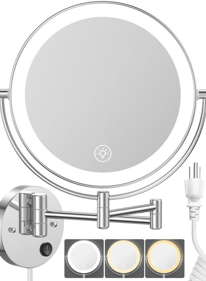 Benbilry مرآة مكياج مضاءة كبيرة مثبتة على الحائط 9 بوصة، 1X/10X مكبرة مزدوجة الجوانب تعمل بالطاقة الكهربائية مع 3 ألوان من الأضواء، قابلة للتعتيم باللمس، ذراع ممتد دوران 360 درجة - Image 1