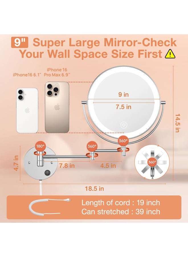 Benbilry مرآة مكياج مضاءة كبيرة مثبتة على الحائط 9 بوصة، 1X/10X مكبرة مزدوجة الجوانب تعمل بالطاقة الكهربائية مع 3 ألوان من الأضواء، قابلة للتعتيم باللمس، ذراع ممتد دوران 360 درجة - Image 2