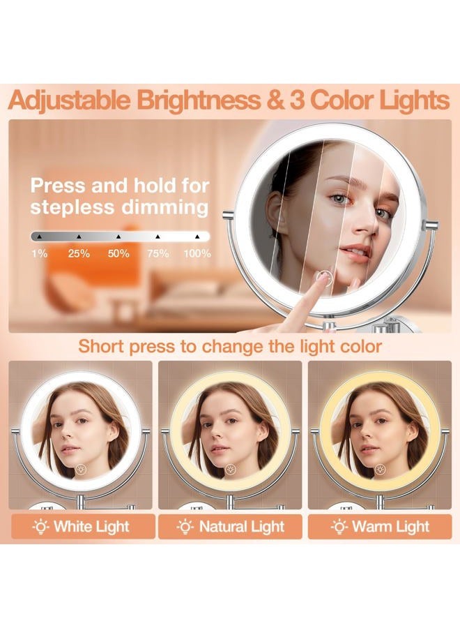 Benbilry مرآة مكياج مضاءة كبيرة مثبتة على الحائط 9 بوصة، 1X/10X مكبرة مزدوجة الجوانب تعمل بالطاقة الكهربائية مع 3 ألوان من الأضواء، قابلة للتعتيم باللمس، ذراع ممتد دوران 360 درجة - Image 4