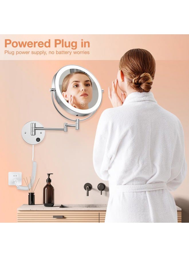 Benbilry مرآة مكياج مضاءة كبيرة مثبتة على الحائط 9 بوصة، 1X/10X مكبرة مزدوجة الجوانب تعمل بالطاقة الكهربائية مع 3 ألوان من الأضواء، قابلة للتعتيم باللمس، ذراع ممتد دوران 360 درجة - Image 5