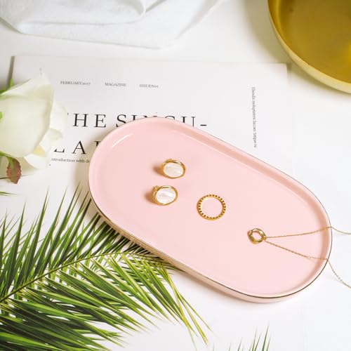 HANKOR Ceramic Jewelry Dish, Perfume Vanity Tray, 7x4 Decorative Catch All Bowl for Trinket Key Ring, Small Bathroom Counter Tray, Soap Tray for Kitchen Sink (Pink) - Image 2