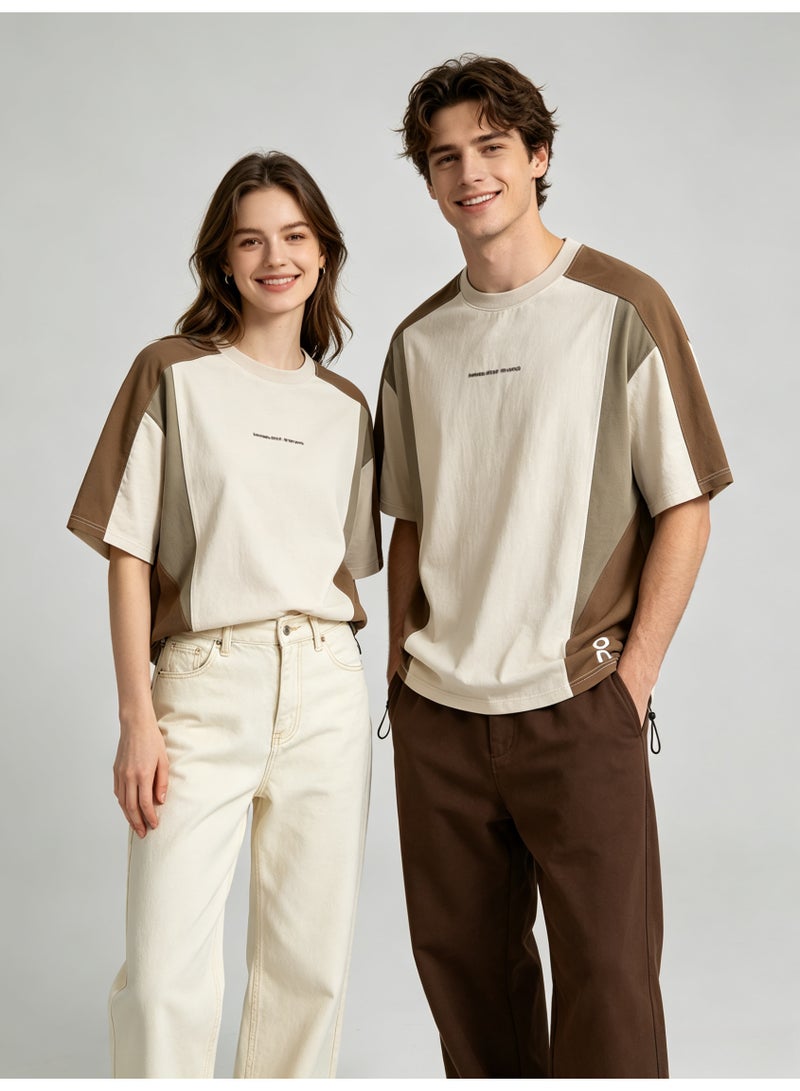 اون راننج On Running Unisex Color Block Drawstring Hem Short Sleeve T-Shirt, Off White Brown Khaki Splicing Crew Neck Couple Street Casual Tee with Logo Print - Image 3
