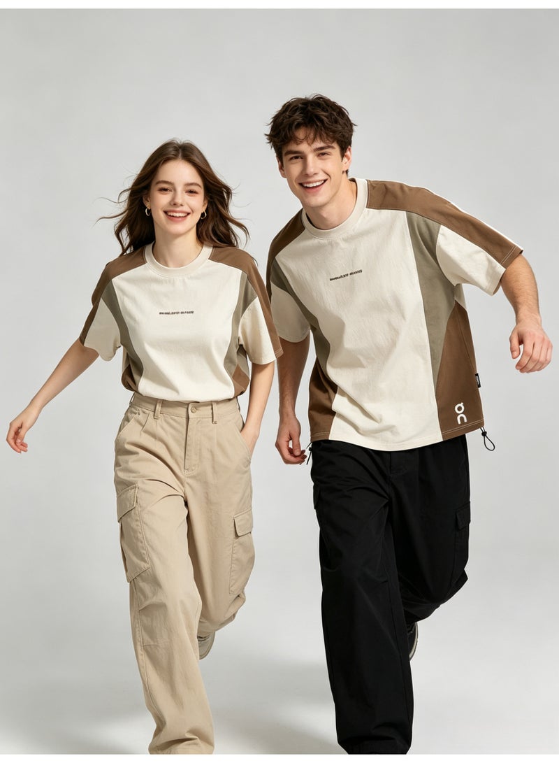 اون راننج On Running Unisex Color Block Drawstring Hem Short Sleeve T-Shirt, Off White Brown Khaki Splicing Crew Neck Couple Street Casual Tee with Logo Print - Image 4