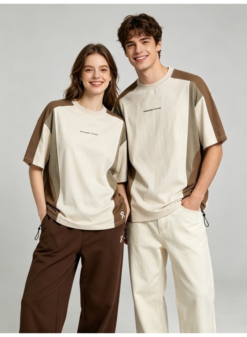 اون راننج On Running Unisex Color Block Drawstring Hem Short Sleeve T-Shirt, Off White Brown Khaki Splicing Crew Neck Couple Street Casual Tee with Logo Print - Image 5