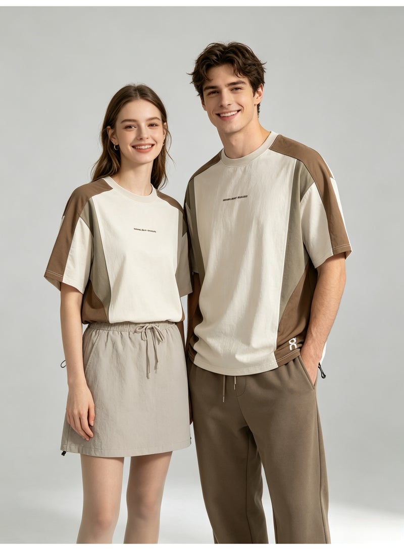 اون راننج On Running Unisex Color Block Drawstring Hem Short Sleeve T-Shirt, Off White Brown Khaki Splicing Crew Neck Couple Street Casual Tee with Logo Print - Image 1