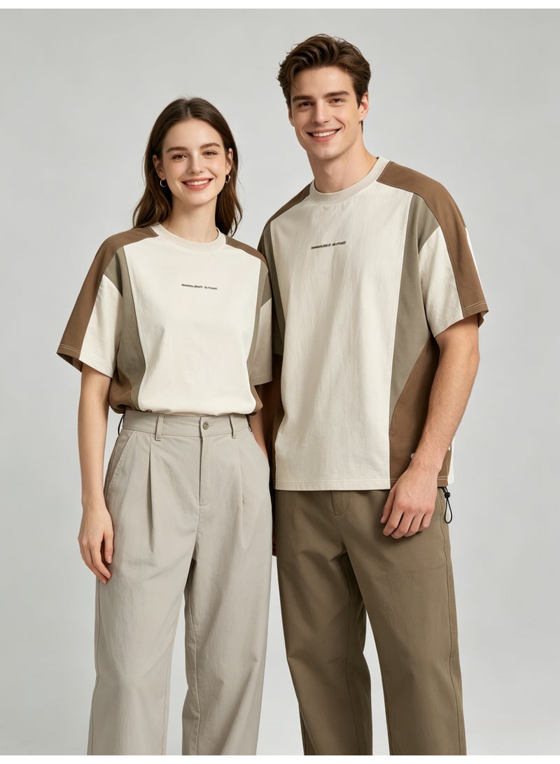 اون راننج On Running Unisex Color Block Drawstring Hem Short Sleeve T-Shirt, Off White Brown Khaki Splicing Crew Neck Couple Street Casual Tee with Logo Print - Image 2