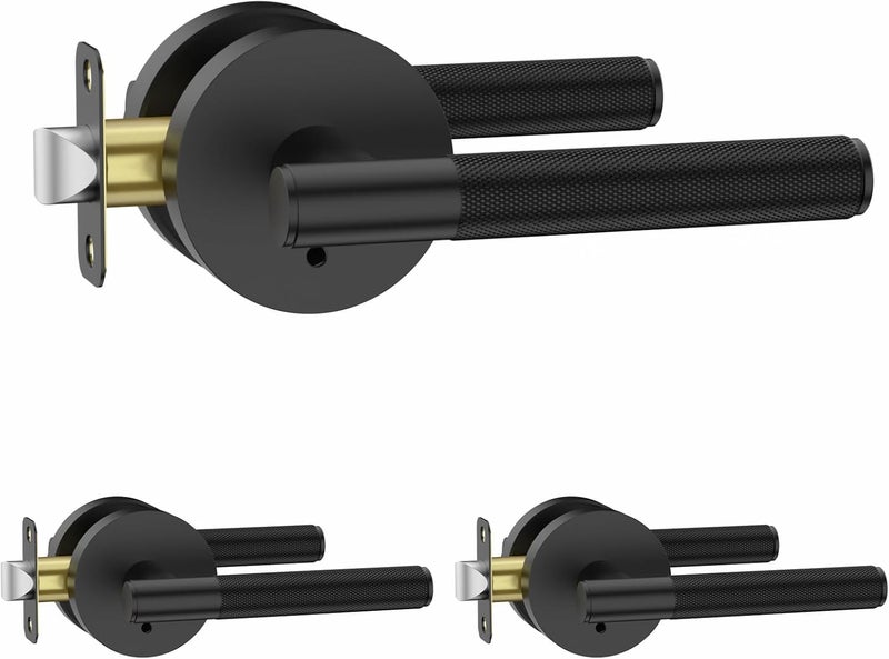Amerdeco 3 Pack Matte Black Door Handles Interior, Knurled Privacy Door Handles with Lock,Heavy Duty Black Door Lever for Bedroom or Bathroom,Reversible Keyless for Left Right Handed Doors - Image 1