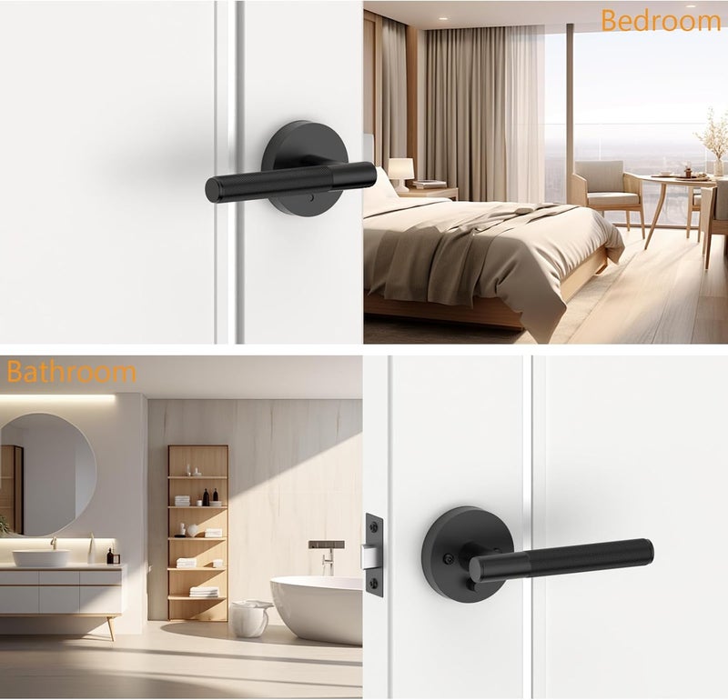 Amerdeco 3 Pack Matte Black Door Handles Interior, Knurled Privacy Door Handles with Lock,Heavy Duty Black Door Lever for Bedroom or Bathroom,Reversible Keyless for Left Right Handed Doors - Image 2