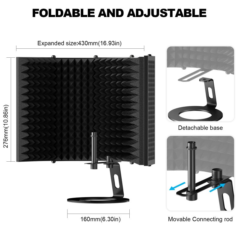 Aokeo Microphone Isolation Shield, Foldable Mic Shield with Triple Sound Insulation, Reflection Filter with 3/8" and 5/8" Mic Threaded Mount for Recording Studio, Podcasts, Singing, and Broadcasting - Image 3