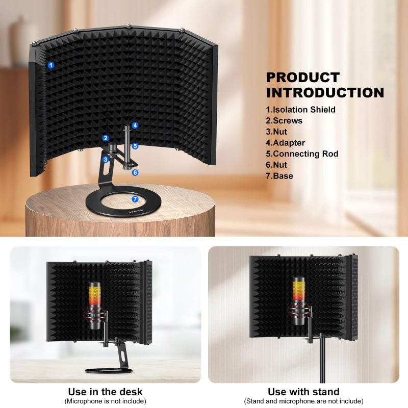 Aokeo Microphone Isolation Shield, Foldable Mic Shield with Triple Sound Insulation, Reflection Filter with 3/8" and 5/8" Mic Threaded Mount for Recording Studio, Podcasts, Singing, and Broadcasting - Image 4