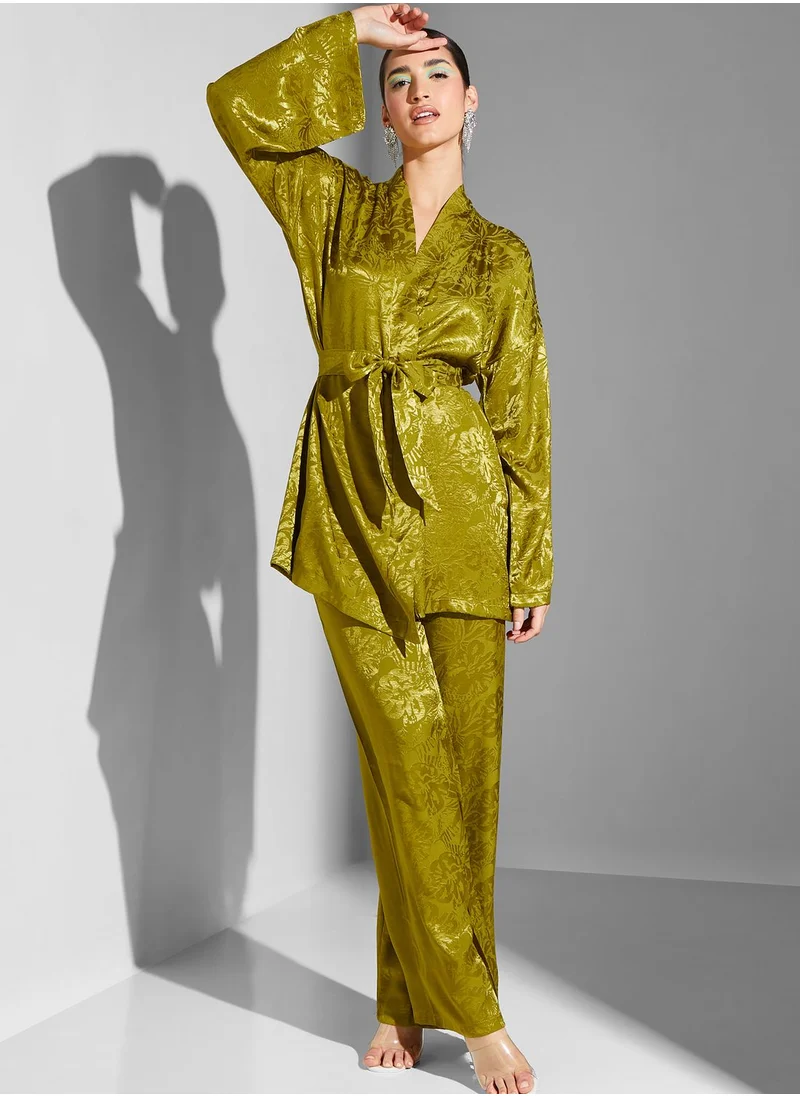 Namshi x Modanisa Jacquard Belted Kimono & Pant Set