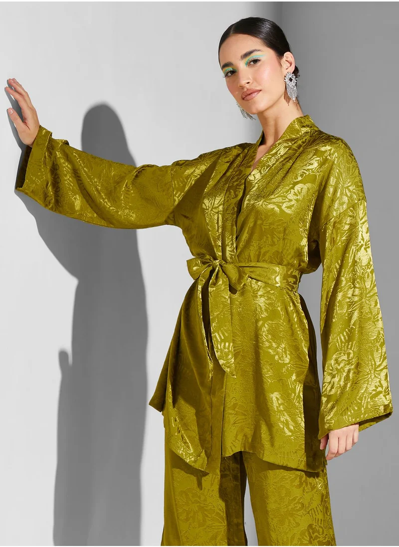 Namshi x Modanisa Jacquard Belted Kimono & Pant Set