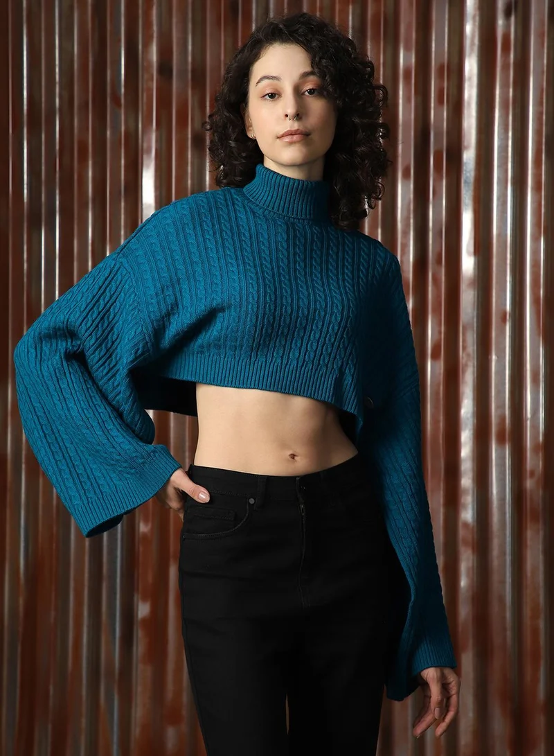 Women's Teal 100% Acrylic Solid Sweater