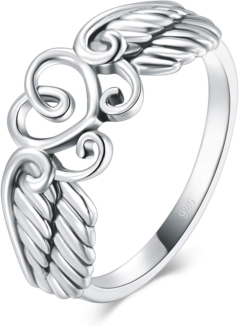 BORUO 925 Sterling Silver Ring High Polish Heart Angel Wings Ring 4-12 - Image 1
