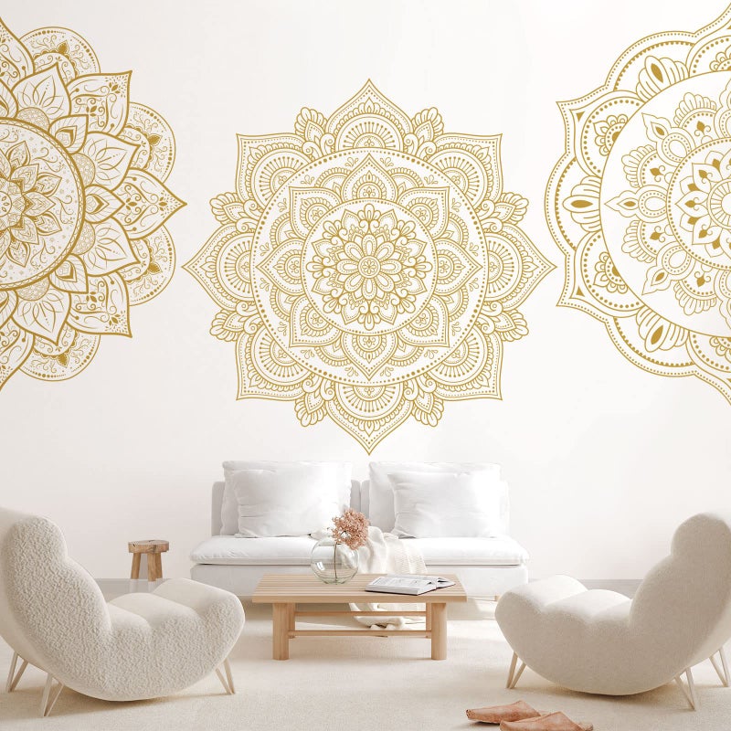 Chinco 4 Pcs Half Mandala Wall Decal Boho Mandala Sticker Lotus Flower Wall Vinyl Wall Decals Flower Stickers Headboard Decoration Indian Namaste for Bedroom Living Room YogaGold