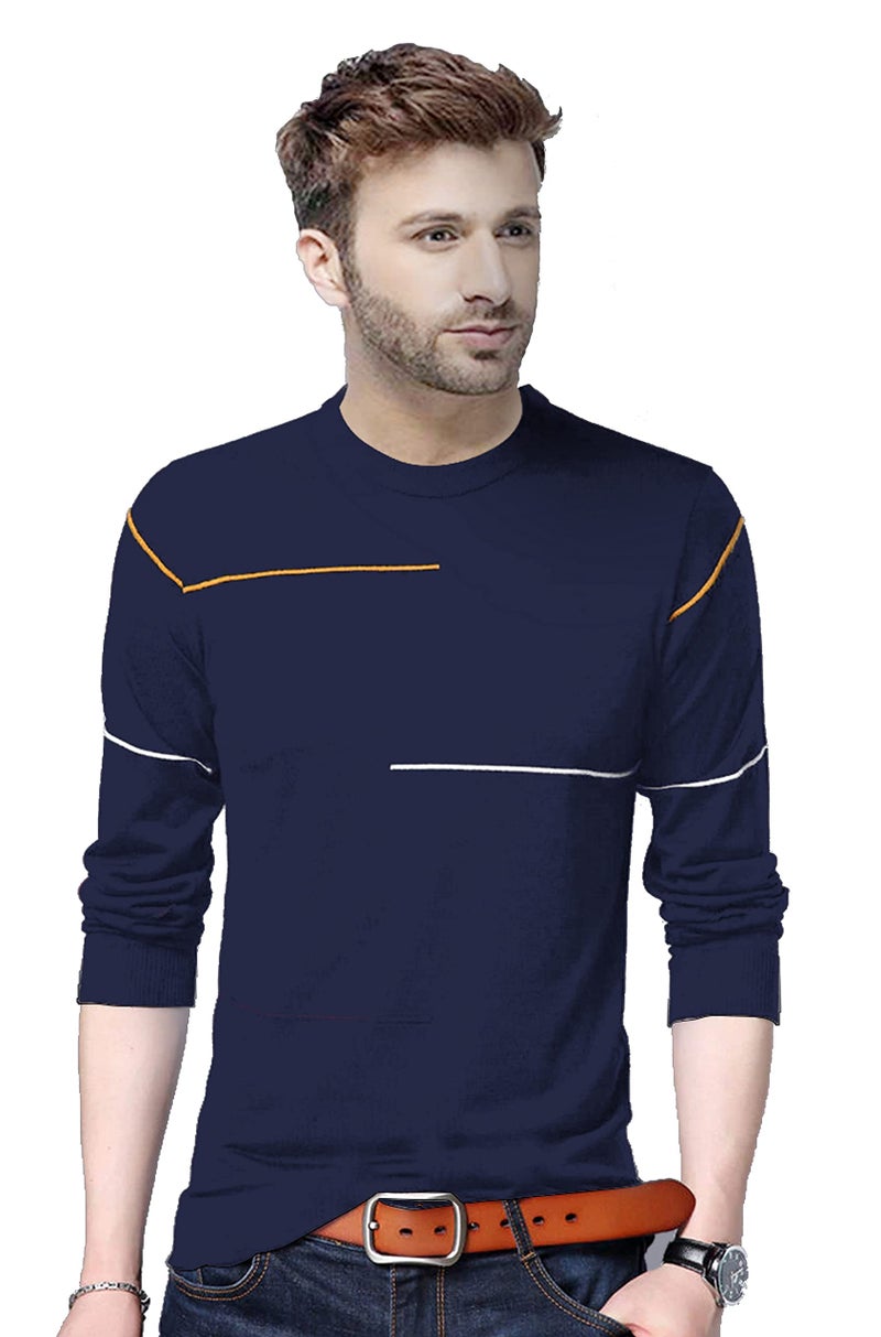 REYA Mens Cotton Round Neck Striped Full Sleeve Regular fit T-Shirt Blue (XXL Size) - Image 3
