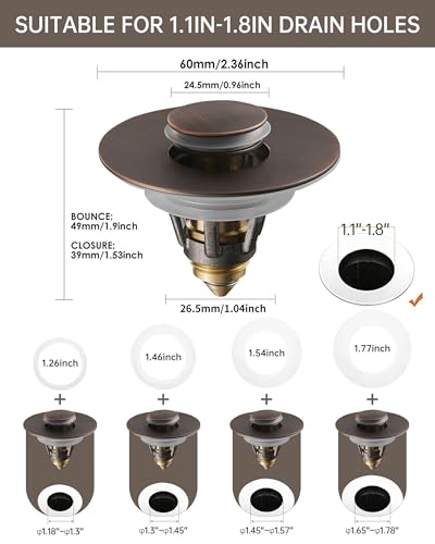 Fransiton Bathroom Sink Stopper, 1.1-1.77 Inch Basin Pop Up Sink Drain Stopper, Anti Clogging Drain Plug with Detachable Hair Catcher, Dark Bronze - Image 2