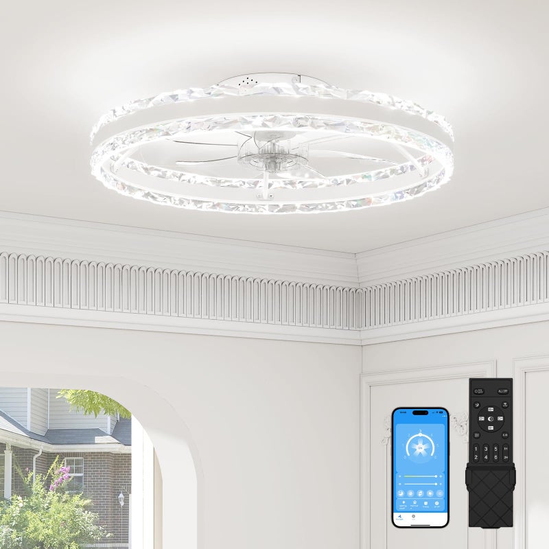 VOLISUN Low Profile Ceiling Fans with Light and Remote 197in Fandelier Ceiling Fan with Light 3000K6500K Dimmable Flush Mount LED Ceiling Fan Light White Modern Ceiling Fan Light for Bedroom