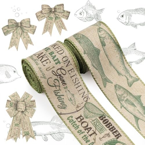 ALIBBON 2 Rolls 25 5 Yd Fish Ribbon Vintage Fish Wired Ribbon Realistic Green Fabric Ribbon for Fathers Day Farmhouse Fishpond Fishing Decor Wreath DIY Crafts Bows Gifts Wrapping Party Decoration - Image 1