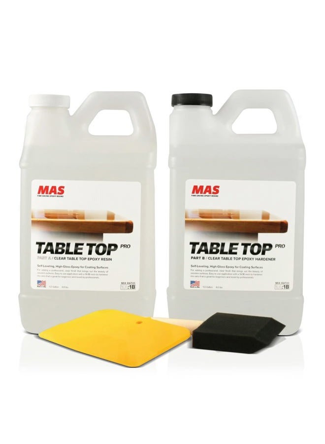 MAS Crystal Clear Epoxy Resin One Gallon Kit | Table Top Pro Epoxy Resin & Hardener | Two Part Kit for Wood Tabletop, Bar Top, Resin Art | Set Includes Spreader & Brush | Professional Grade Coating - Image 1