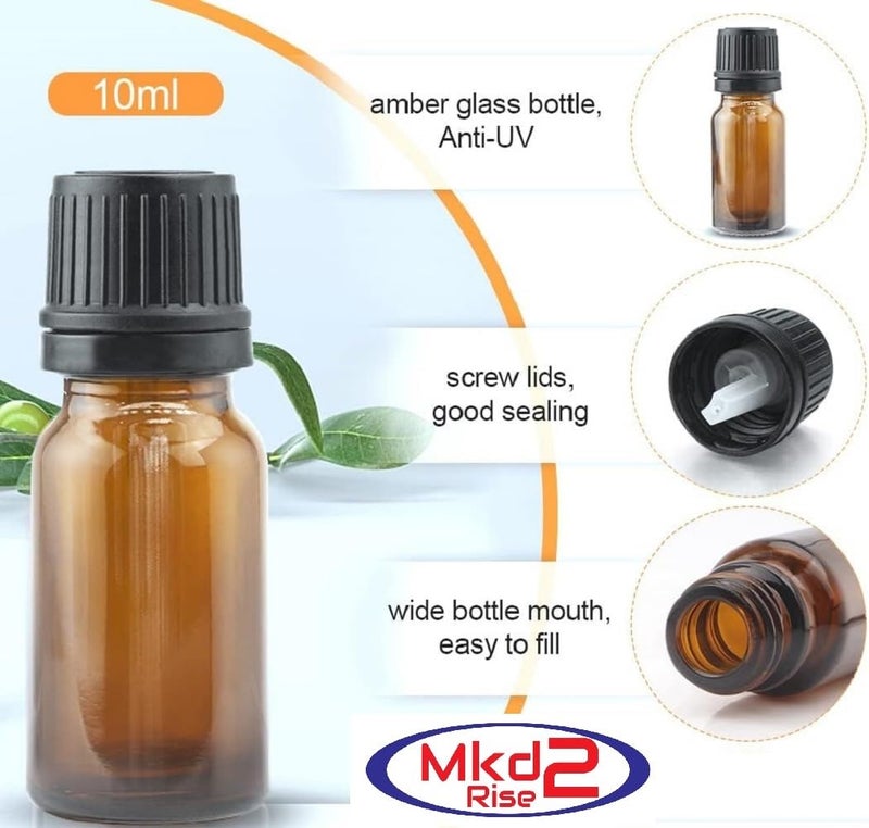Mkd2 Rise Empty Amber Glass Bottle 10 ml Set of 24 with Leak Proof Euro Dropper Black Cap, Refillable Essential Oil Bottles for Aromatherapy, Medicines, Serums, DIY Blends & Liquid Storage - Image 3