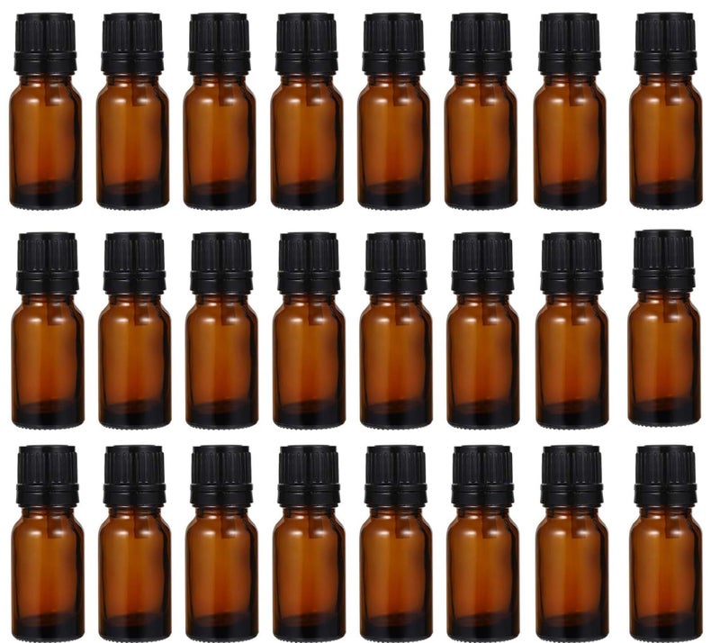 Mkd2 Rise Empty Amber Glass Bottle 10 ml Set of 24 with Leak Proof Euro Dropper Black Cap, Refillable Essential Oil Bottles for Aromatherapy, Medicines, Serums, DIY Blends & Liquid Storage - Image 1