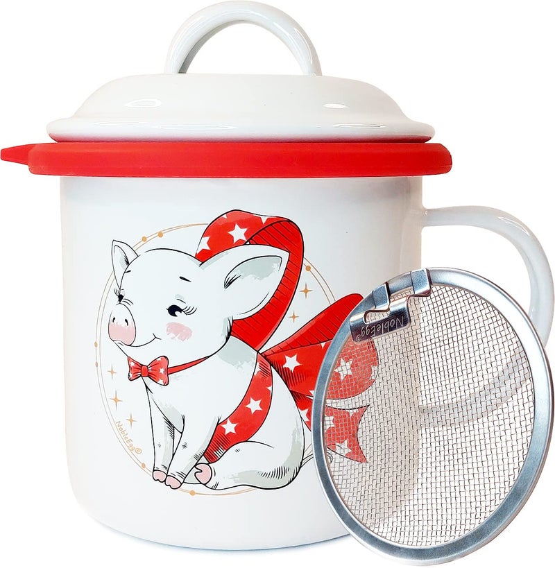 NobleEgg NobleEgg Bacon Grease Container with Strainer 650 ml  22 oz Removable Silicone Ring Protector and Lid Enamel Ceramic Cute Piggy Farmhouse Decor