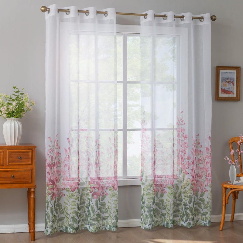 TOAVA DECO Sheer Curtains Pink Floral With Tie Backs Grommet Easy to Hang for Girls Bedroom Window Light Filtering Semi Drapes 84 Inch Length 2 Panels Set Flower Leaf Curtain Dining Living Room Nursey 52w x 84l - Image 3