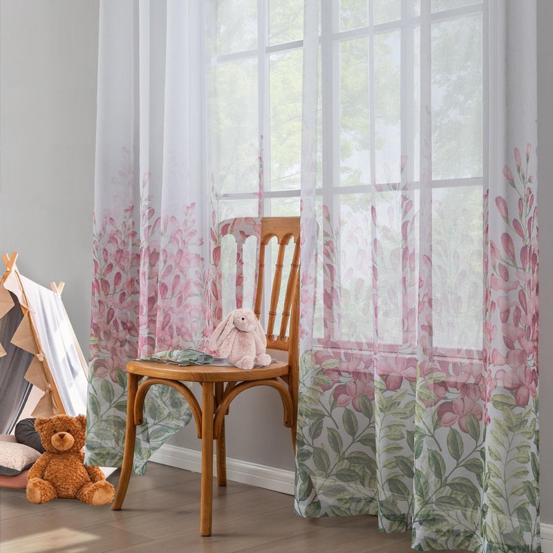 TOAVA DECO Sheer Curtains Pink Floral With Tie Backs Grommet Easy to Hang for Girls Bedroom Window Light Filtering Semi Drapes 84 Inch Length 2 Panels Set Flower Leaf Curtain Dining Living Room Nursey 52w x 84l - Image 1