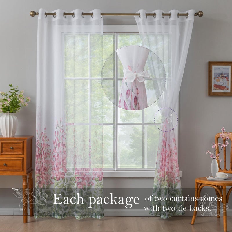TOAVA DECO Sheer Curtains Pink Floral With Tie Backs Grommet Easy to Hang for Girls Bedroom Window Light Filtering Semi Drapes 84 Inch Length 2 Panels Set Flower Leaf Curtain Dining Living Room Nursey 52w x 84l - Image 5