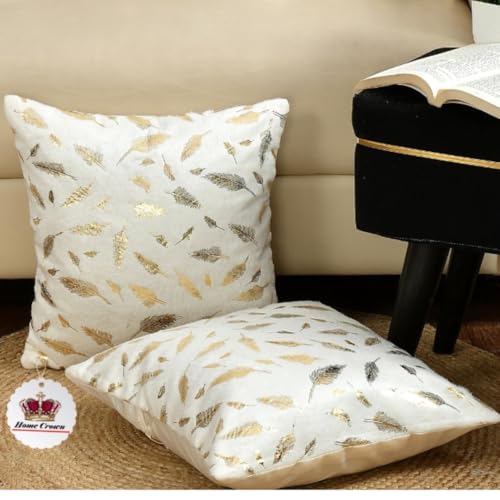 HOMECROWN Velvet Cushion Covers 16x16 Inch – Set of 2 Pcs, Golden Feather Print, Soft Faux Fur Decorative Throw Pillow Covers for Sofa, Couch, Bed, Living Room (White) - Image 1