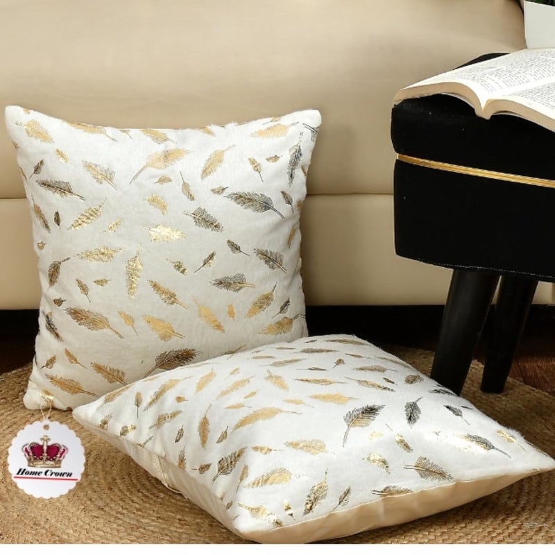 HOMECROWN Velvet Cushion Covers 16x16 Inch – Set of 2 Pcs, Golden Feather Print, Soft Faux Fur Decorative Throw Pillow Covers for Sofa, Couch, Bed, Living Room (White) - Image 5