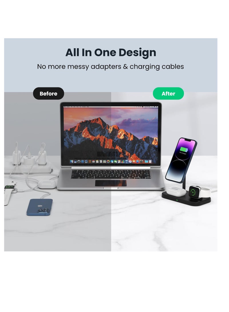 SYOSI 3 in 1 Wireless Charger Stand, for MagSafe Charger Stand, Charging Station for Multiple Apple Devices, Wireless Charging Station Compatible with iPhone 15/14/13/12 Series, iWatch AirPods (Black) - Image 2