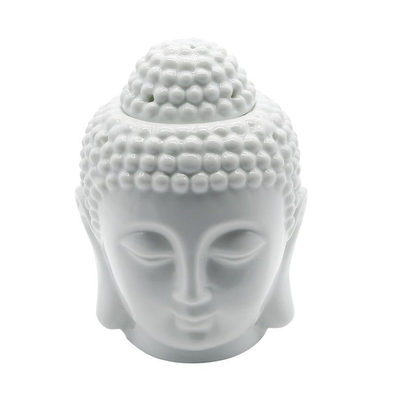 Porcelain Zen Garden Yoga Meditation White Thai Buddha Head Statue Essential Oil Burner Aromatherapy Diffuser Home Decor (White)