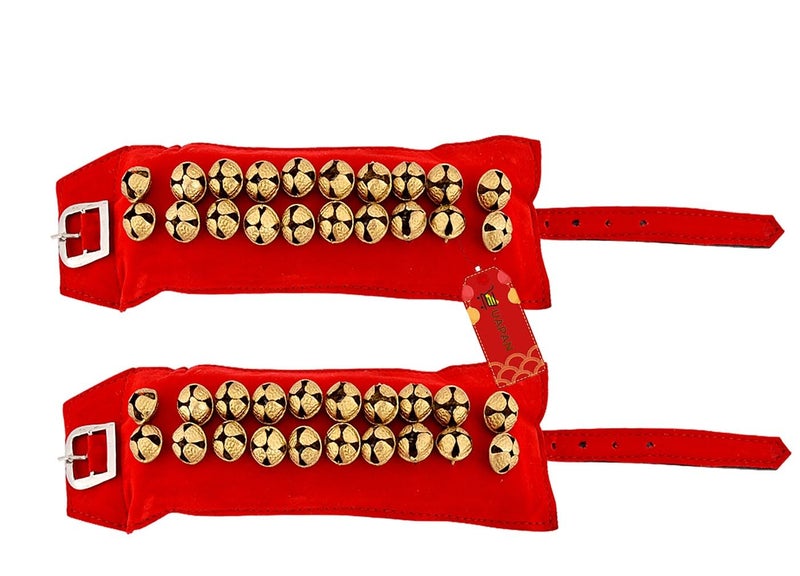 UAPAN 2 line Brass Ghungroo Ankle Bells Velvet Red Pad for Classical,Baratnatyam,Odissi,Kathak Dance with Adjustable Strap (Valvet, Belt) - Image 1