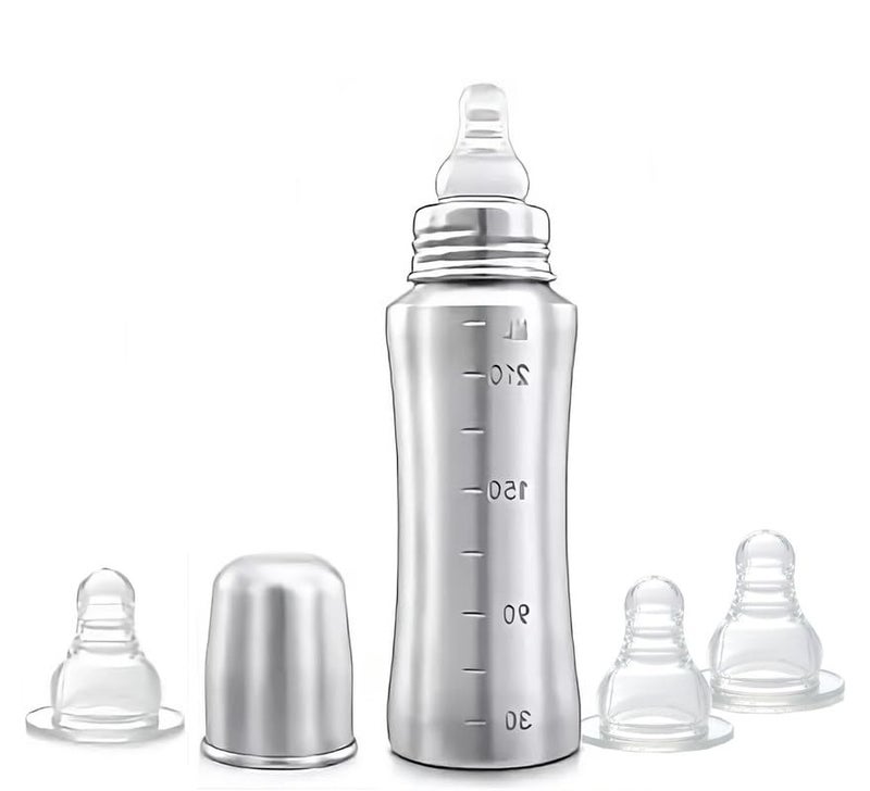 Speedex Stainless Steel Infant Baby Feeding Bottle 240ml, BPA Free, Anti-Colic, Plastic-Free, ML Marking, Medium-Flow Nipple (240 ML, 3 Nipple Extra)