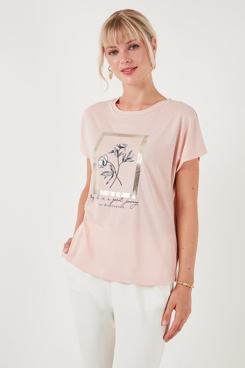 Lela Printed Crew Neck Regular Fit T Shirt Women's T Shirt 6671006  - Image 3