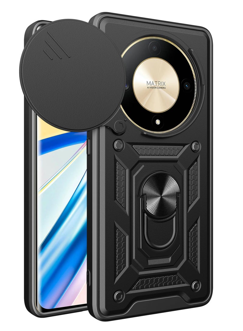 Honor X9a 5G Case Cover, Slide Camera Lens Cover + 360°Rotating Kickstand Ring + Support Magnetic Car Mount Shockproof Mobile Phone Case For Honor X9a 5G, Black - Image 1