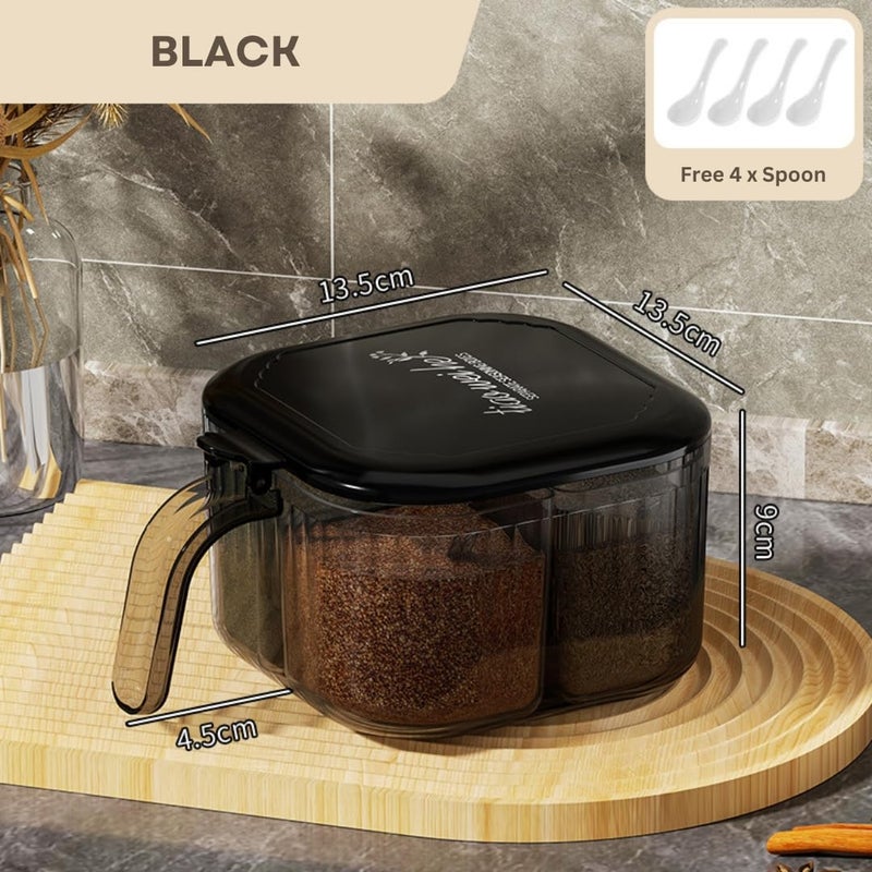 HOOPVOOL صندوق توابل أكريليك شفاف بـ 4 أقسام مع ملعقة، صندوق توابل شفاف لتخزين على سطح المطبخ، منظم توابل متعدد الاستخدامات للملح، السكر، الفلفل، الأعشاب، وأكثر (أسود) - Image 2