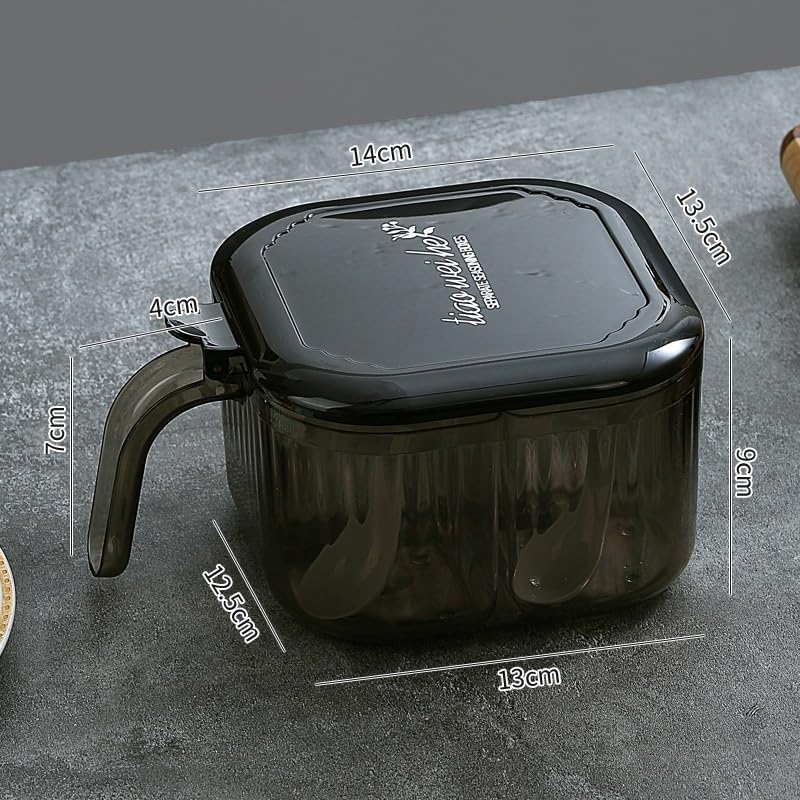 HOOPVOOL صندوق توابل أكريليك شفاف بـ 4 أقسام مع ملعقة، صندوق توابل شفاف لتخزين على سطح المطبخ، منظم توابل متعدد الاستخدامات للملح، السكر، الفلفل، الأعشاب، وأكثر (أسود) - Image 3